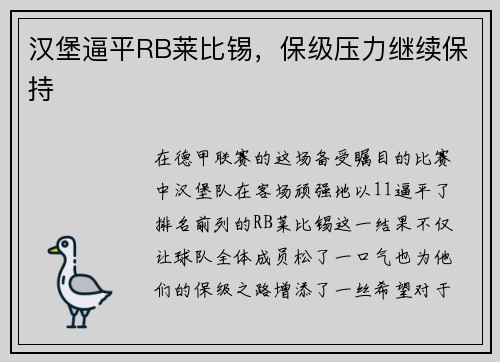 汉堡逼平RB莱比锡，保级压力继续保持