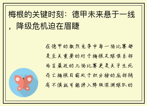 梅根的关键时刻：德甲未来悬于一线，降级危机迫在眉睫